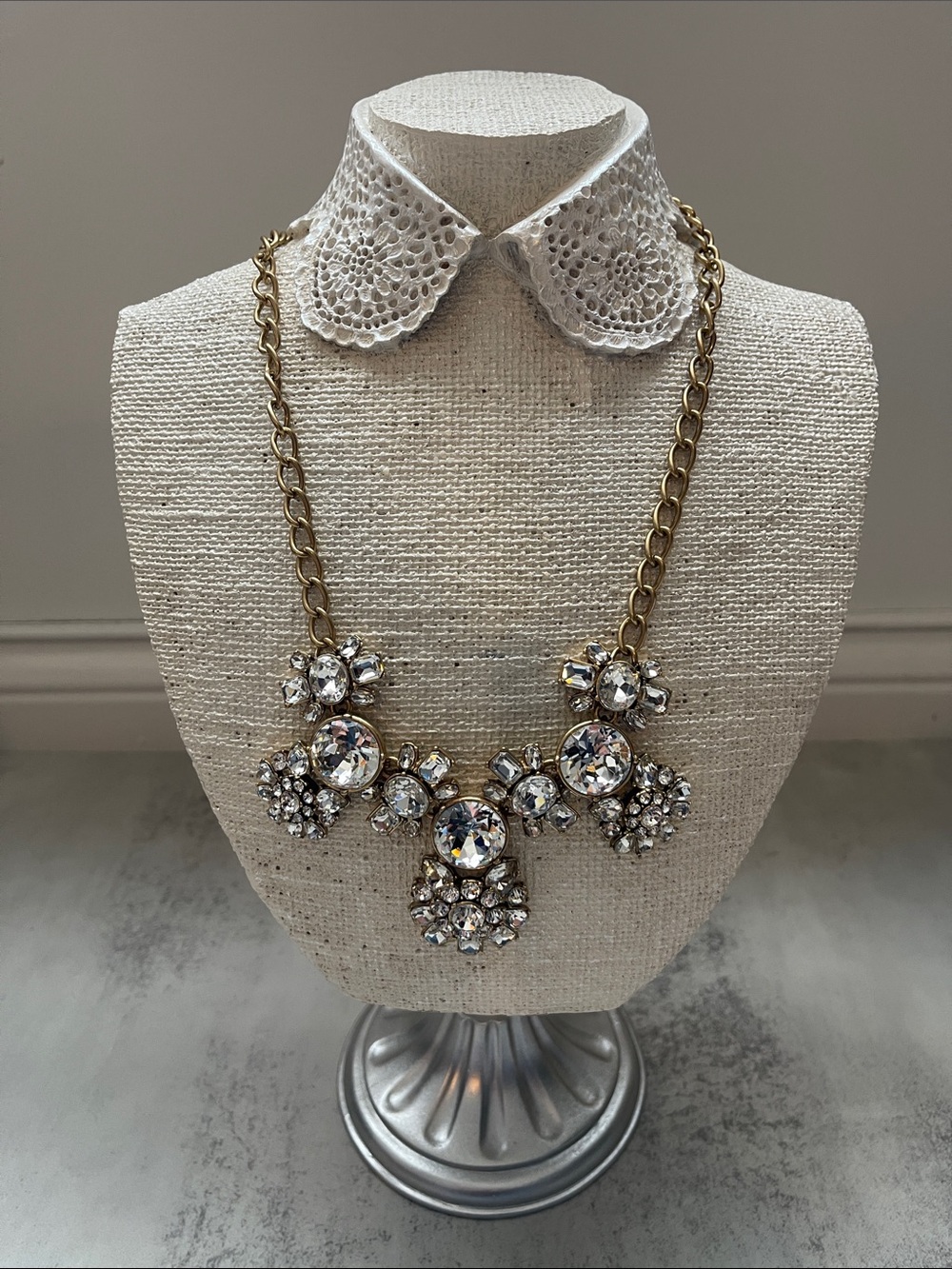 J.Crew Gold Crystal Statement Necklace Sparkling Clear Stones